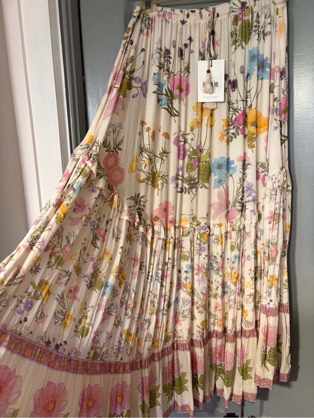 Spell Wild Bloom NWT White Floral Tiered Maxi Skirt with Pastel Accents - Picture 3 of 8